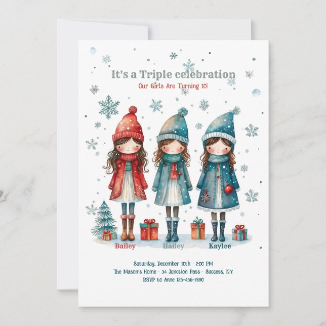 Triplet Girls Christmas Birthday Party Invitation (Front)