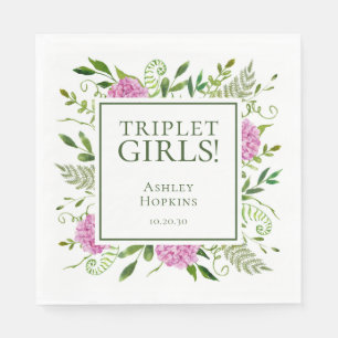 Triplet Girls Pink Hydrangeas Girl Baby Shower Napkin