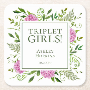 Triplet Girls Pink Hydrangeas Girl Baby Shower Square Paper Coaster