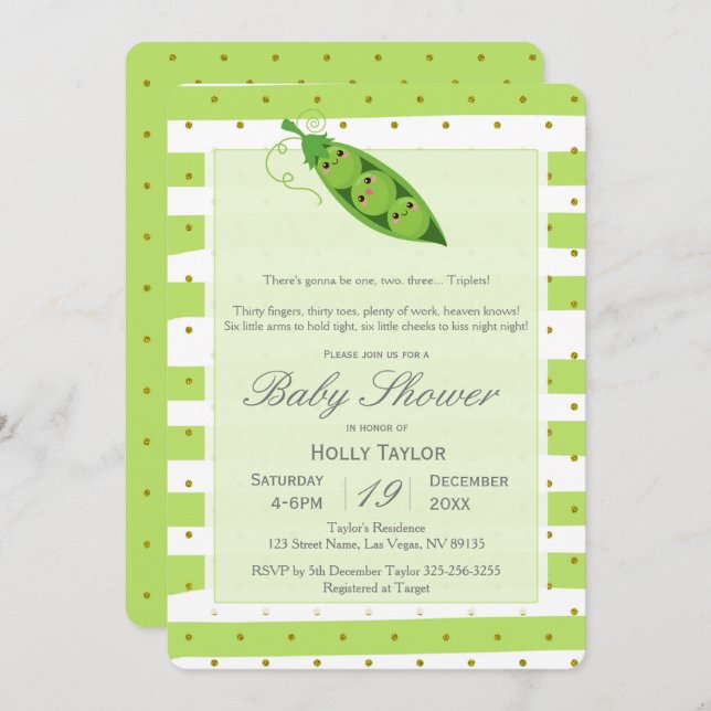 Triplet Peas in a Pod Baby Shower Invitation (Front/Back)