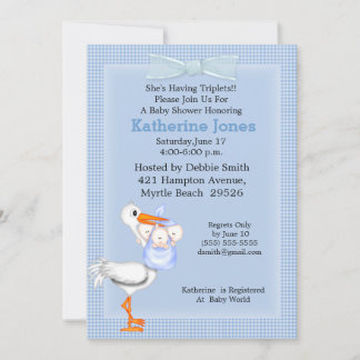 Triplets Baby Boy Shower Invitation(Stork) Invitation