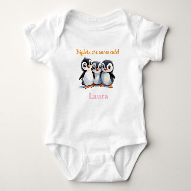 Triplets Baby Shower Gift, Penguins, With Names, Bodysuit (Front)