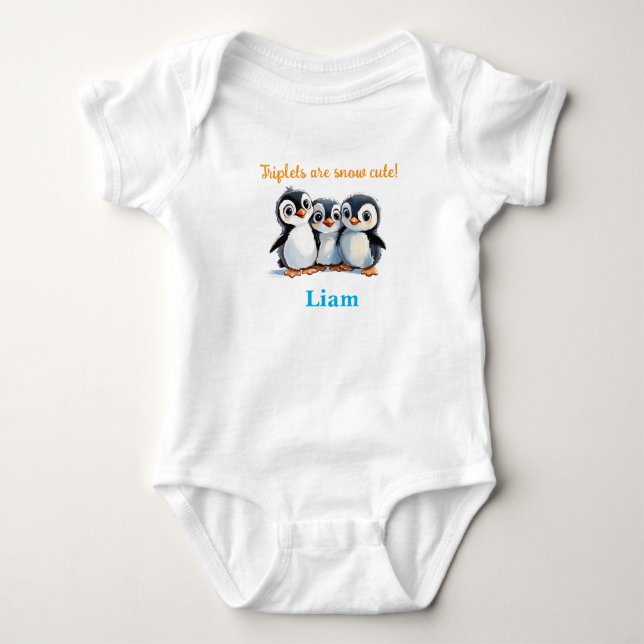 Triplets Baby Shower Gift, Penguins, With Names, Bodysuit (Front)