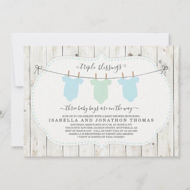 Triplets Baby Shower Invitation - 3 Boys (Front)