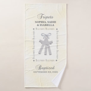 Triplets Baptism on Yellow 3 Crosses Personalised Bath Towel