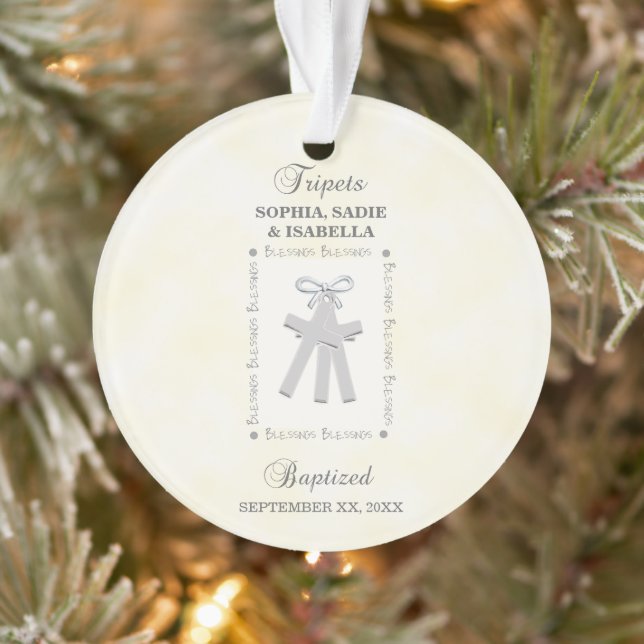 Triplets Baptism on Yellow 3 Crosses Personalised Ornament (Tree)