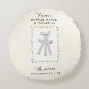 Triplets Baptism on Yellow 3 Crosses Personalised Round Cushion