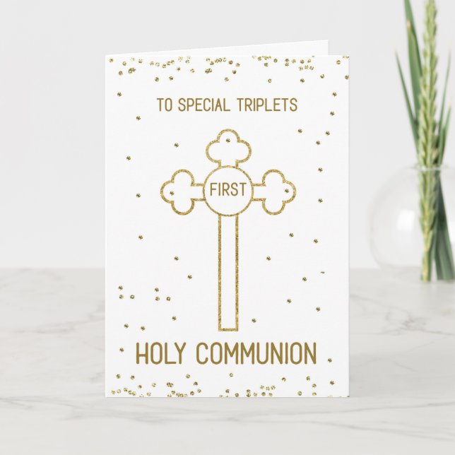 Triplets First Holy Communion Gold Look Cross Card (Front)