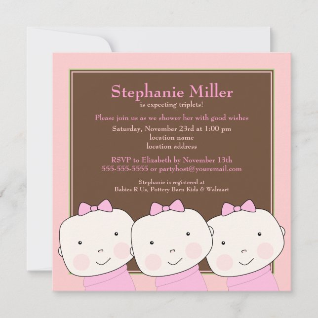 Triplets Girl Pink Brown Baby Shower Invitation (Front)