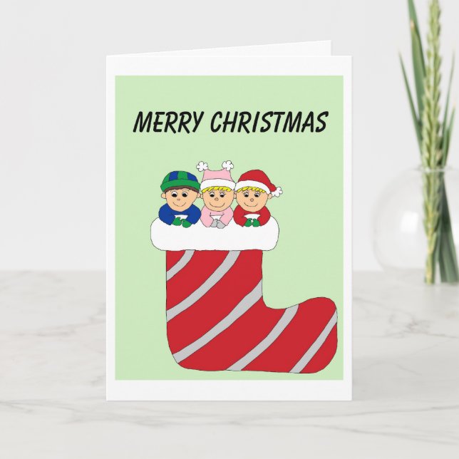 triplets in stocking coloured holiday card (Front)
