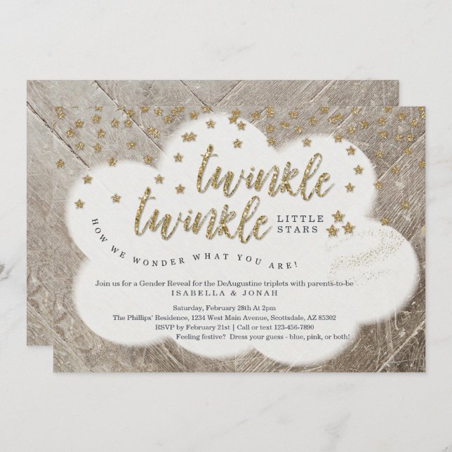 Triplets Twinkle Twinkle Little Star Gender Reveal Invitation (Front/Back)
