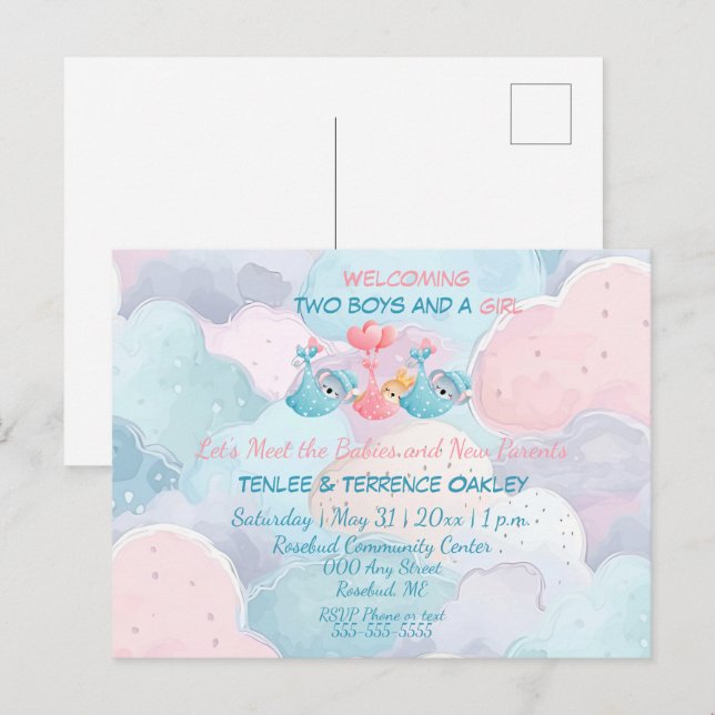 Triplets Two Boys and A Girl Shower Invite Postcard (Front/Back)