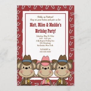 TRIPLETS Western Cowboy Monkeys 5x7 Birthday Invitation