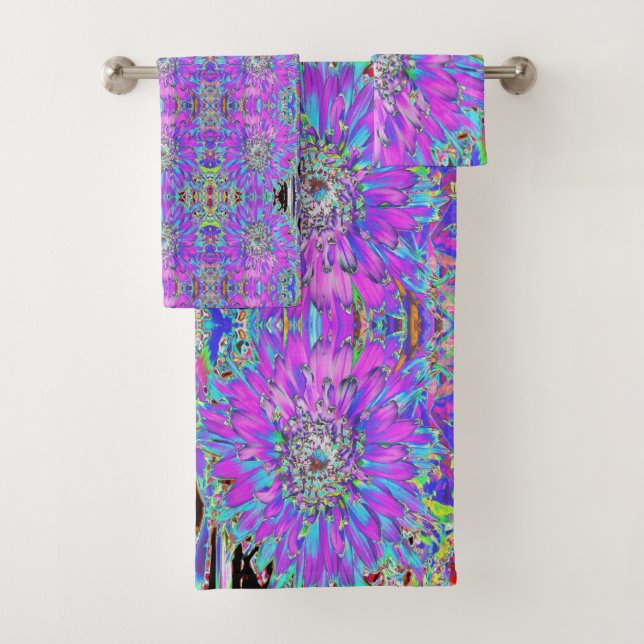 Trippy Abstract Aqua, Lime Green and Purple Dahlia Bath Towel Set (Insitu)