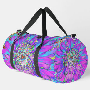 Trippy Abstract Aqua, Lime Green and Purple Dahlia Duffle Bag
