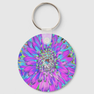 Trippy Abstract Aqua, Lime Green and Purple Dahlia Key Ring