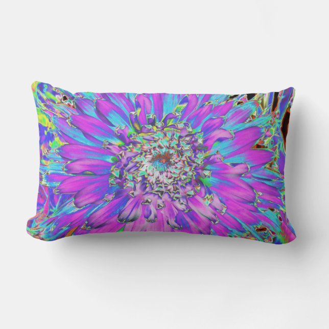 Trippy Abstract Aqua, Lime Green and Purple Dahlia Lumbar Cushion (Front)