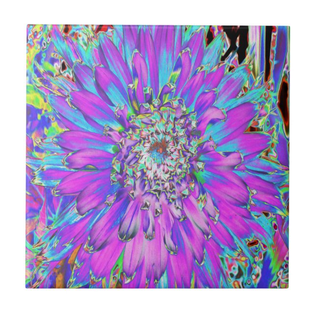 Trippy Abstract Aqua, Lime Green and Purple Dahlia Tile (Front)