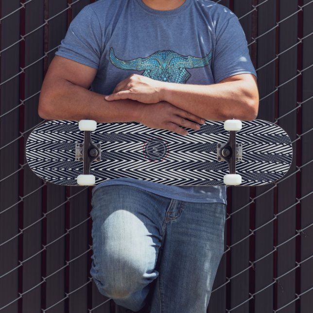 Trippy Abstract Black & White Stripes, Monogramed Skateboard (Outdoor 3)