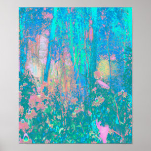 Trippy Aqua Sunrise with Psychedelic Flowers Poster