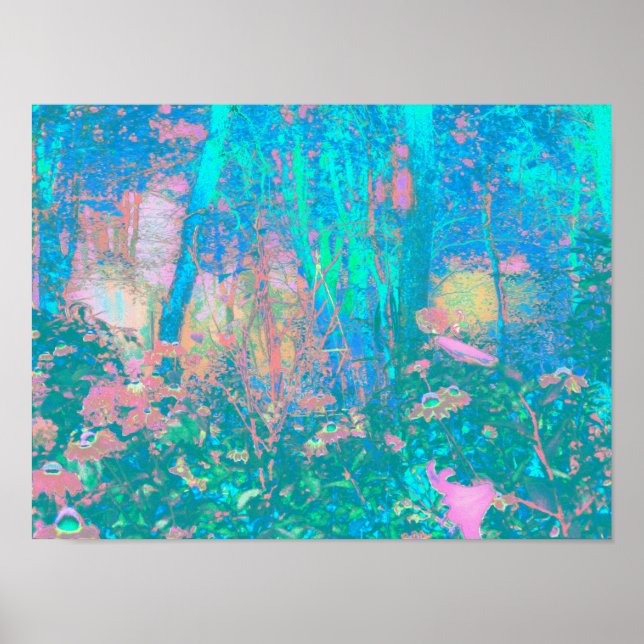 Trippy Aqua Sunrise with Psychedelic Flowers Poster (Front)