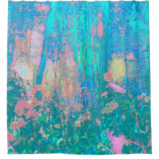 Trippy Aqua Sunrise with Psychedelic Flowers Shower Curtain (Front)