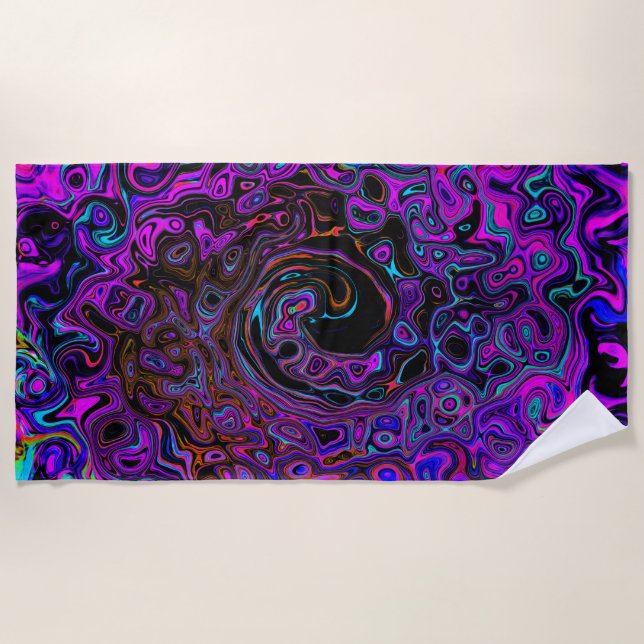 Trippy Black and Magenta Retro Liquid Swirl Beach Towel (Front)