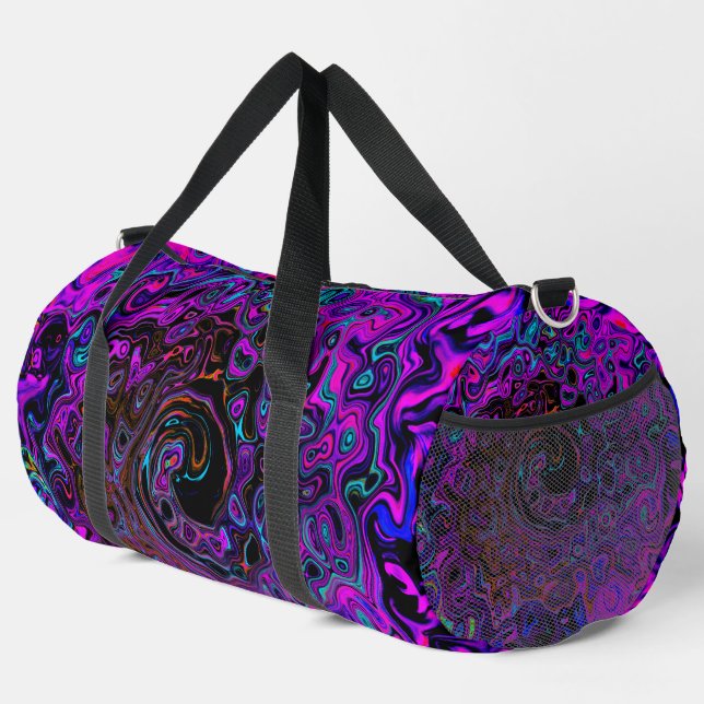 Trippy Black and Magenta Retro Liquid Swirl Duffle Bag (Right Corner)