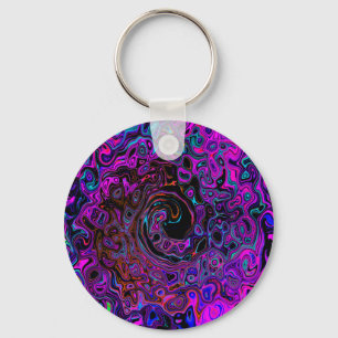 Trippy Black and Magenta Retro Liquid Swirl Key Ring
