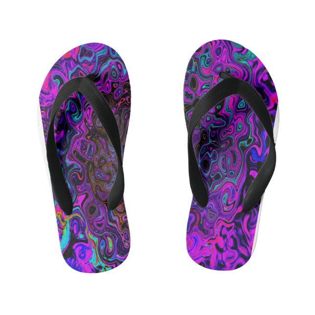 Trippy Black and Magenta Retro Liquid Swirl Kid's Jandals (Footbed)