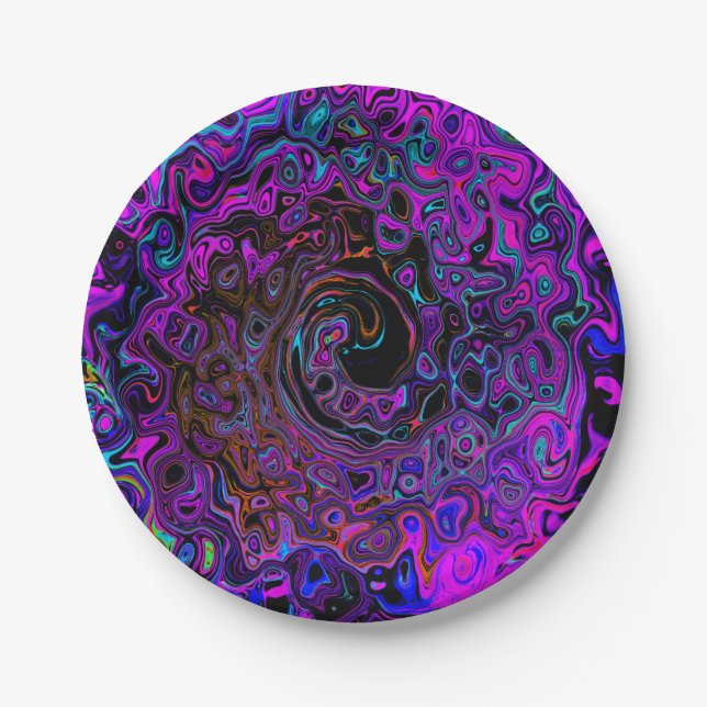 Trippy Black and Magenta Retro Liquid Swirl Paper Plate (Front)