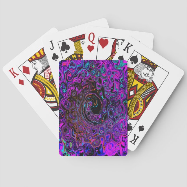 Trippy Black and Magenta Retro Liquid Swirl Playing Cards (Back)