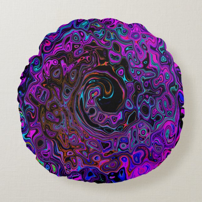 Trippy Black and Magenta Retro Liquid Swirl Round Cushion (Front)
