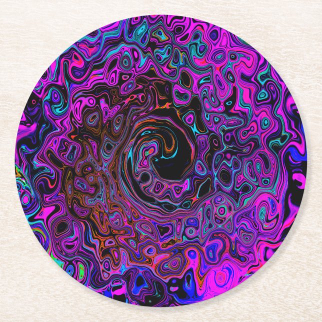 Trippy Black and Magenta Retro Liquid Swirl Round Paper Coaster (Front)