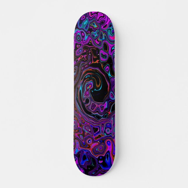 Trippy Black and Magenta Retro Liquid Swirl Skateboard (Front)