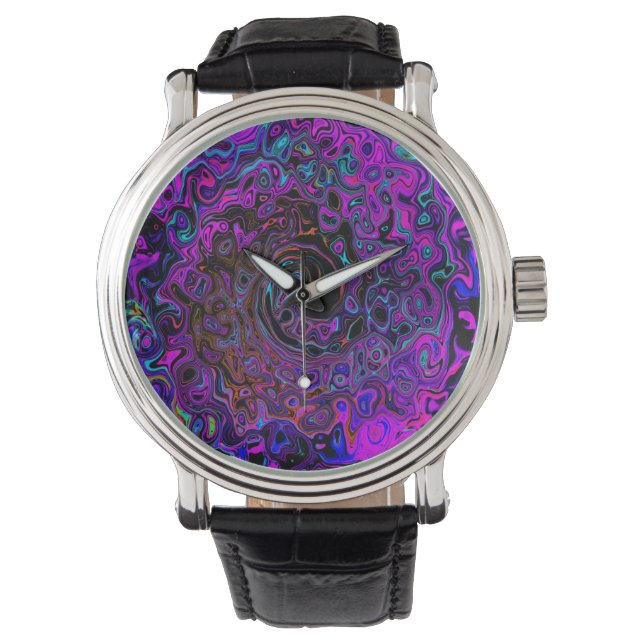 Trippy Black and Magenta Retro Liquid Swirl Watch (Front)