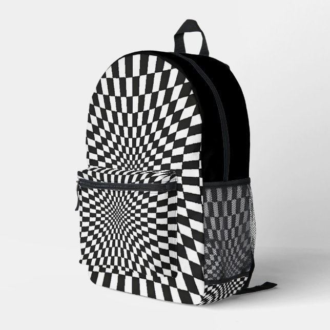 Trippy Black and White chequered  Printed Backpack (Back Corner Right)