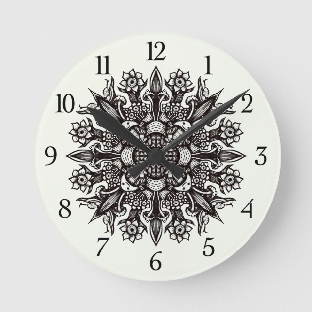 Trippy black and white cool psychedelic mandala round clock (Front)