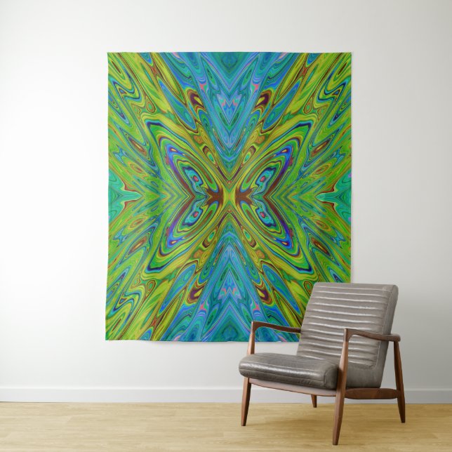 Trippy Chartreuse and Blue Abstract Butterfly Tapestry (In Situ)