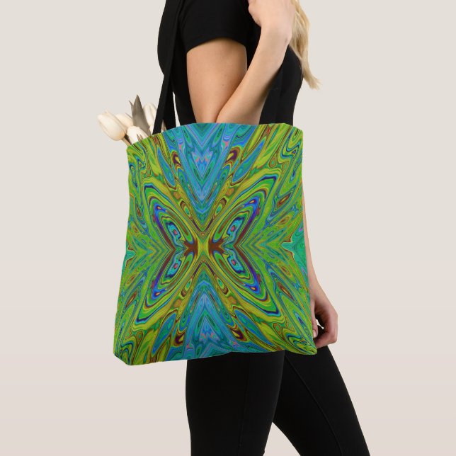 Trippy Chartreuse and Blue Abstract Butterfly Tote Bag (Close Up)