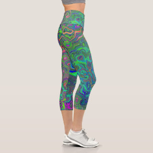 Trippy Chartreuse and Blue Retro Liquid Swirl Capri Leggings