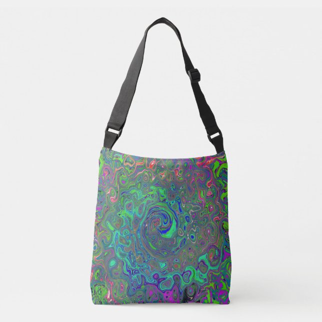Trippy Chartreuse and Blue Retro Liquid Swirl Crossbody Bag (Front)