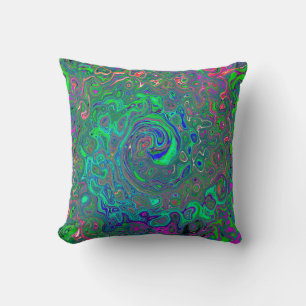 Trippy Chartreuse and Blue Retro Liquid Swirl Cushion
