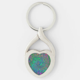 Trippy Chartreuse and Blue Retro Liquid Swirl Key Ring