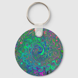 Trippy Chartreuse and Blue Retro Liquid Swirl Key Ring