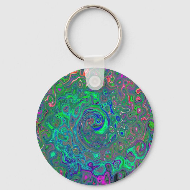 Trippy Chartreuse and Blue Retro Liquid Swirl Key Ring (Front)
