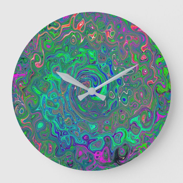 Trippy Chartreuse and Blue Retro Liquid Swirl Large Clock (Front)