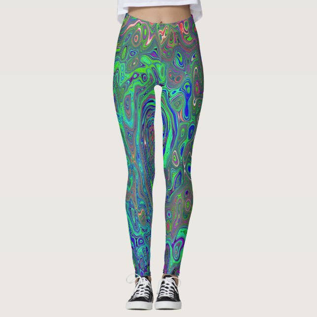 Trippy Chartreuse and Blue Retro Liquid Swirl Leggings (Front)