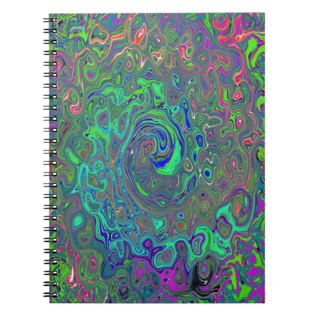 Trippy Chartreuse and Blue Retro Liquid Swirl Notebook (Front)