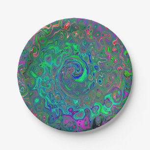 Trippy Chartreuse and Blue Retro Liquid Swirl Paper Plate